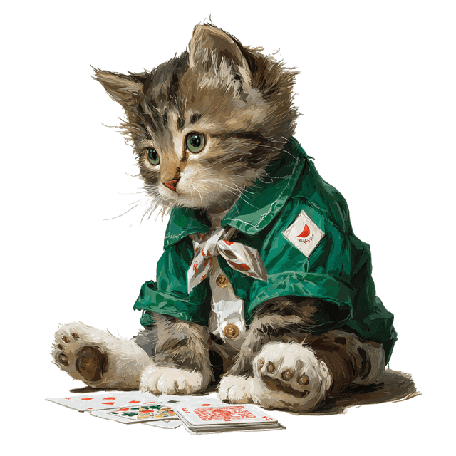 Poker Scout mascot — a scout kitten with poker cards